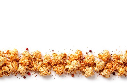 Isolated row of spicy pepper flavored popcorn on white background with ample copy space