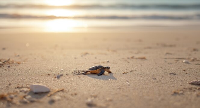 Young sea turtle navigating coastal sandy nesting terrain