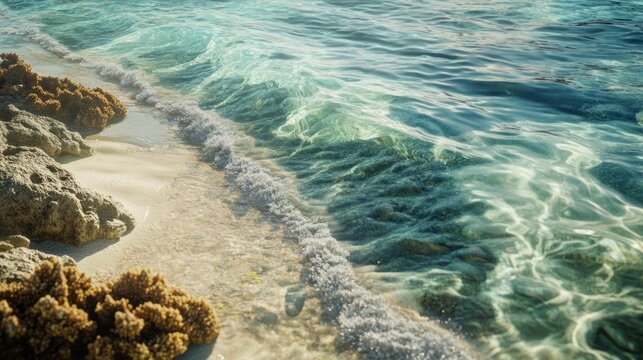 coral island shoreline, waves gently lapping over coral reefs, generative ai