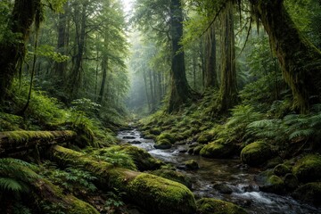 Fototapeta premium Panorama of fresh green trees and moss in a lush rain forest background