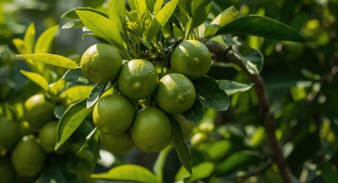 Sunlit green limau telur buaya fruits clustering on leafy, healthy citrus tree with bright green leaves