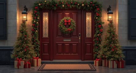 Fototapeta premium Stylish entryway with Christmas door decorations and gift boxes including space for text