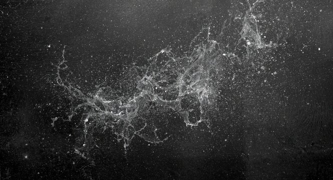 Abstract dark backdrop with dynamic white splashes simulating chalk dust for artistic chalkboard effect