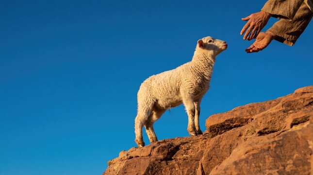 Jesus reaching out his hands to a lost white lamb standing on a rocky cliff against a blue sky