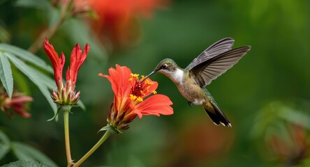 Fototapeta premium Tropical woodland wildlife featuring a dazzling hummingbird feeding on crocosmia during flight
