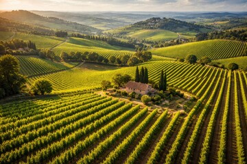 Fototapeta premium Aerial perspective of vibrant vineyards displaying lush green fields in a scenic countryside