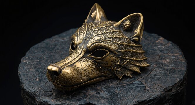 Metalwork featuring a golden wolf mask with detailed artistic elements on dark textured base