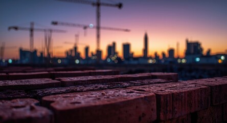 Naklejka premium Red bricks clustered for construction with a twilight sky and blurred outlines of building progress