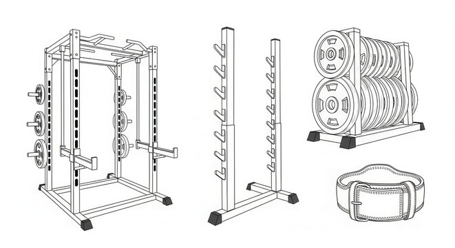 Gym Equipment Set: Power Rack, Weight Tree, Barbell Rack, Weightlifting Belt
