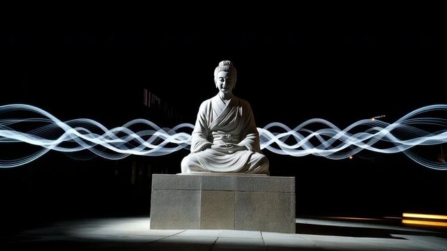 Statue of a seated person in a dimly lit area at night with sound waves behind it
