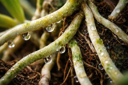 Close up of orchid roots showing velamen absorbing moisture and nutrients