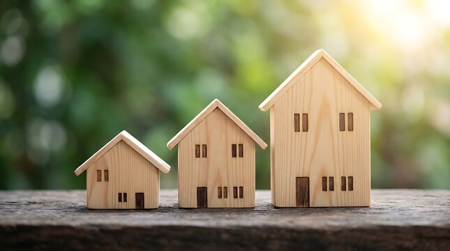 Three wooden house models of different sizes arranged in a row