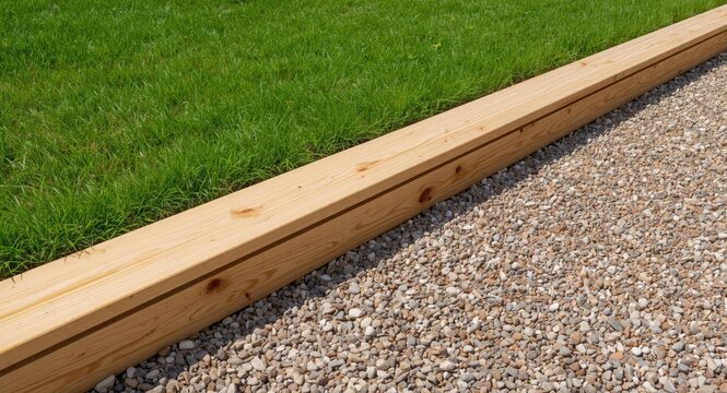 Wooden sleepers enhancing gravel garden setting alongside fresh green lawn outdoors