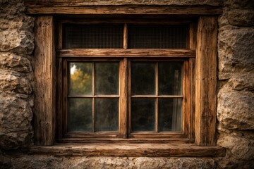 Obraz premium A rustic window featuring a small top pane protected by a fine metal mesh