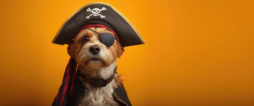 Spirited dog wearing pirate outfit and eye patch enjoying bright orange backdrop