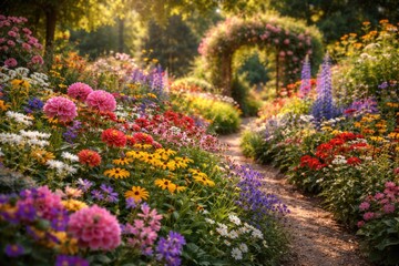 Fototapeta premium A vibrant garden bursting with colorful flowers in full summer bloom
