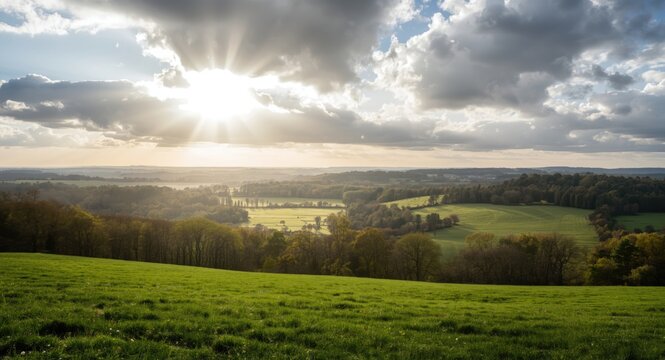 Sweeping view of green pasture and forest bathed in sunlight beneath gray clouds