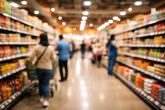 Blurred background of a generic supermarket with multiple shoppers browsing aisles