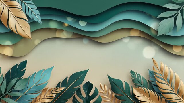 Tropical luxury paper cut background design golden teal leaves