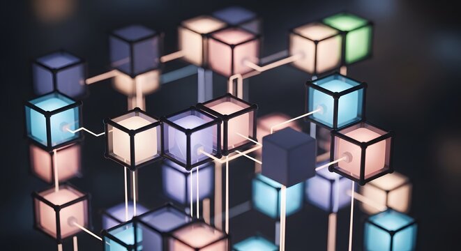 Colorful Glowing Cubes Connected by Thin Rods in Dark Abstract Grid