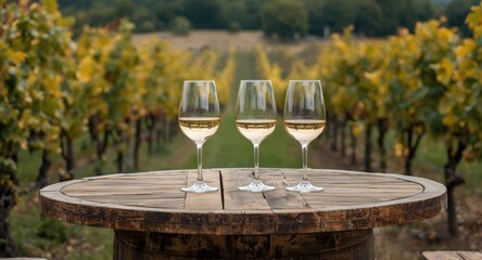 Fototapeta premium Wooden table in harvest season vineyard setting for wine tasting presentation