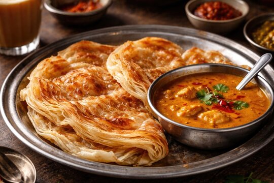Traditional breakfast featuring crispy roti canai paired with creamy curry sauce
