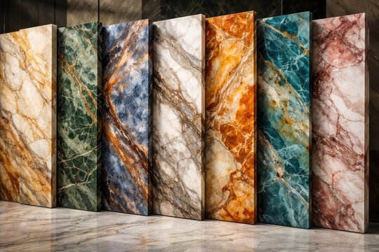 Varied marble slab collection showcasing intricate textures and vibrant hues for interior design and building projects
