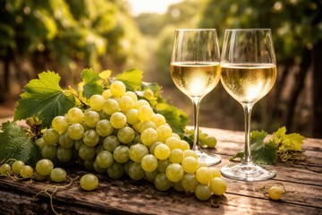 Fototapeta premium A natural cluster of grapes with two glasses of plant based wine on a rustic table
