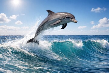 Fototapeta premium Playful dolphin jumping over ocean waves on a sunny day