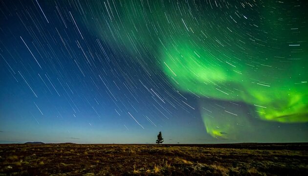 Lone figure under a breathtaking aurora borealis and star trails in a vast, open landscape.