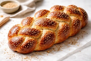 Fototapeta premium Braided Bread Topped with Sesame Seeds on White Surface