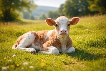 Obraz premium Happy young calf resting on green grass meadow on a bright summer morning full length view