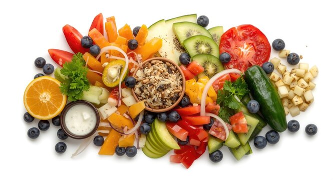 Variety of fruits in Indonesian Rujak salad displayed on white background