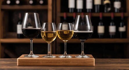 Fototapeta premium Tasteful wine flight display with three assorted glass styles on a wooden serving platform amid a cozy environment enriched by wine bottles