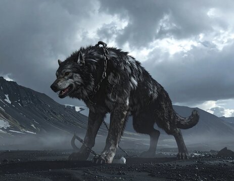 Mythical Giant Wolf with Rider in a Desolate Mountain Landscape.