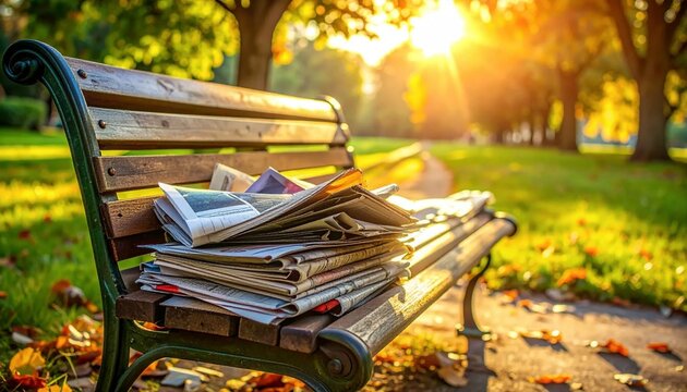 Newspapers Stacked on a Park Bench Bathed in Golden Autumn Sunlight.