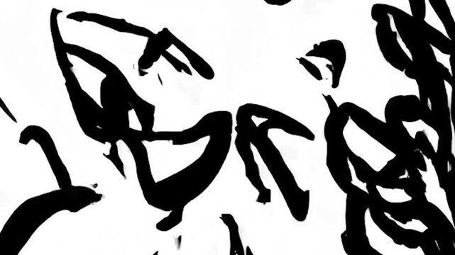 A video of abstract art showing rough black scribbles on a white background, forming a raw expressive texture with bold chaotic lines and spontaneous creative motion.