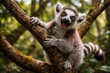 Fototapeta premium Happy playful lemur climbing tree branches in natural habitat