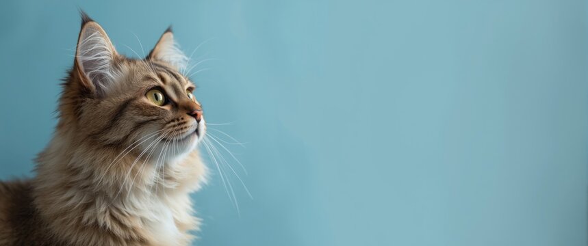 Softly lit fluffy torbie cat facing sideways nose in crisp focus on light blue backdrop with copy space