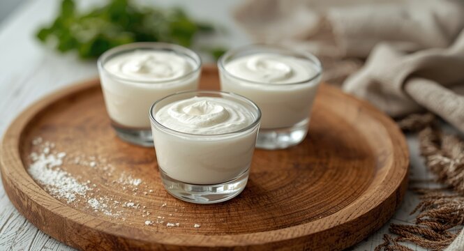 Two servings of creamy yogurt in glassware set on an aged wooden plate with detailed wood pattern
