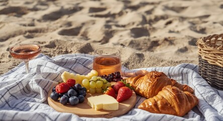 Fototapeta premium Warm summer beach picnic with rose wine glass, camembert cheese, seasonal fruit selection, and fresh croissants
