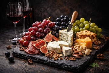 Fototapeta premium Sophisticated wine grapes and artisan cheese platter on dark textured background