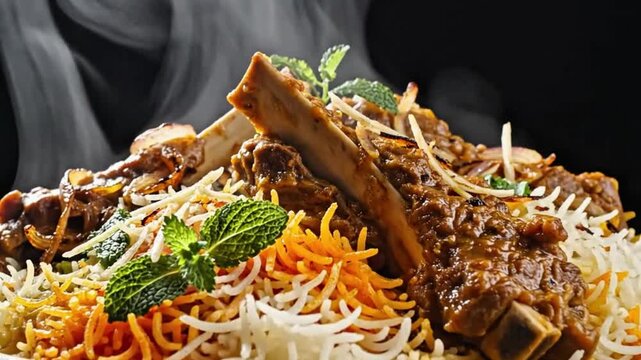 Close up Steaming Lamb Biryani Rice with Tender Meat and Mint