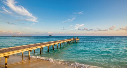Obraz premium Tranquil tropical oceanfront featuring bright turquoise waters and wooden piers at golden hour