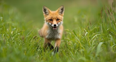 Obraz premium Happy juvenile fox running through tall green grassy field