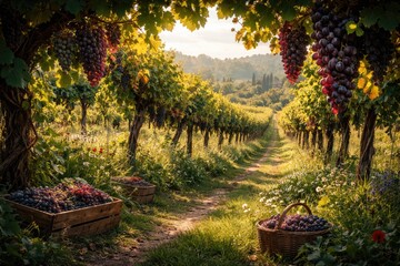Fototapeta premium Lush Vineyard Pathway with Ripe Grapevines in Golden Light