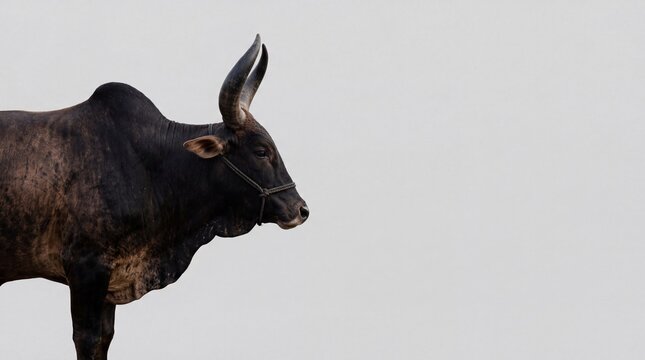 Dark zebu bull with horns and a nose rope on a plain light gray background with copy space