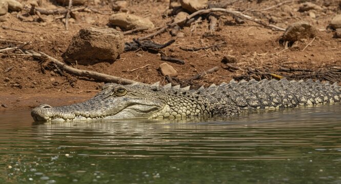 Wild crocodile hunting quietly near river edge