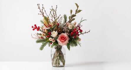 Obraz premium Vase filled with flowers, branches, and winter holiday decorations displayed on a clean white background