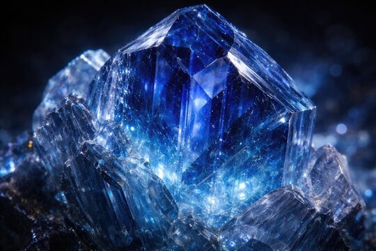 Close up of a transparent crystal with deep blue hues and natural corundum structure